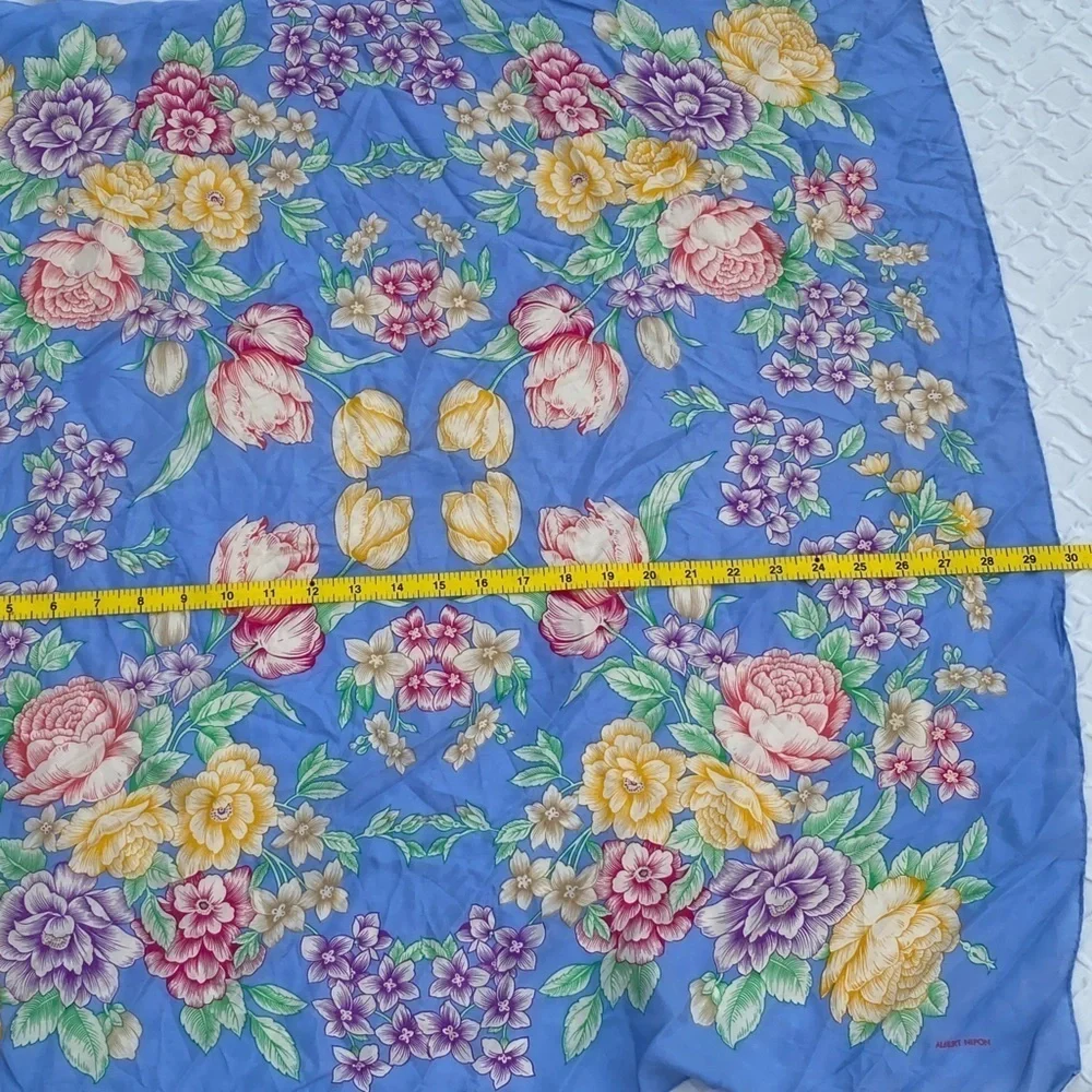 Albert Nipon Silk Scarf Blue Pink Yellow Floral 30 Inch